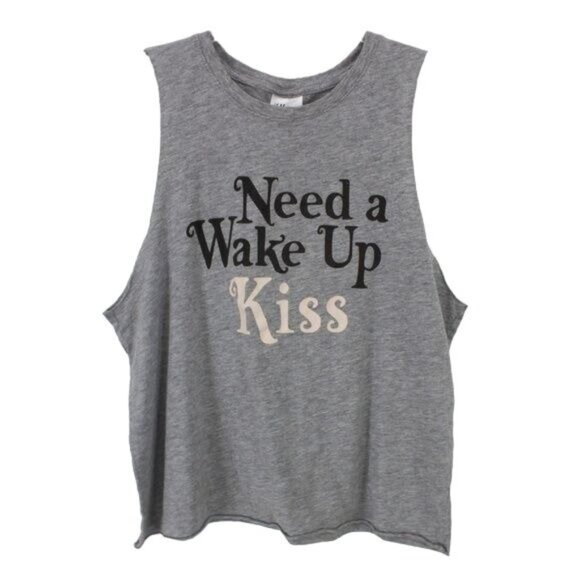 H&M Gray Graphic PJ Muscle Tank Top "Need A Wake Up Kiss" - Picture 1 of 3
